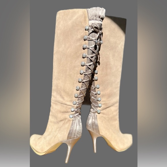NWOT BOURNE BOOTS UK Designer Bejeweled Lace Up Satin & Suede Tan Sz EU37, US6.5 - Picture 2 of 15